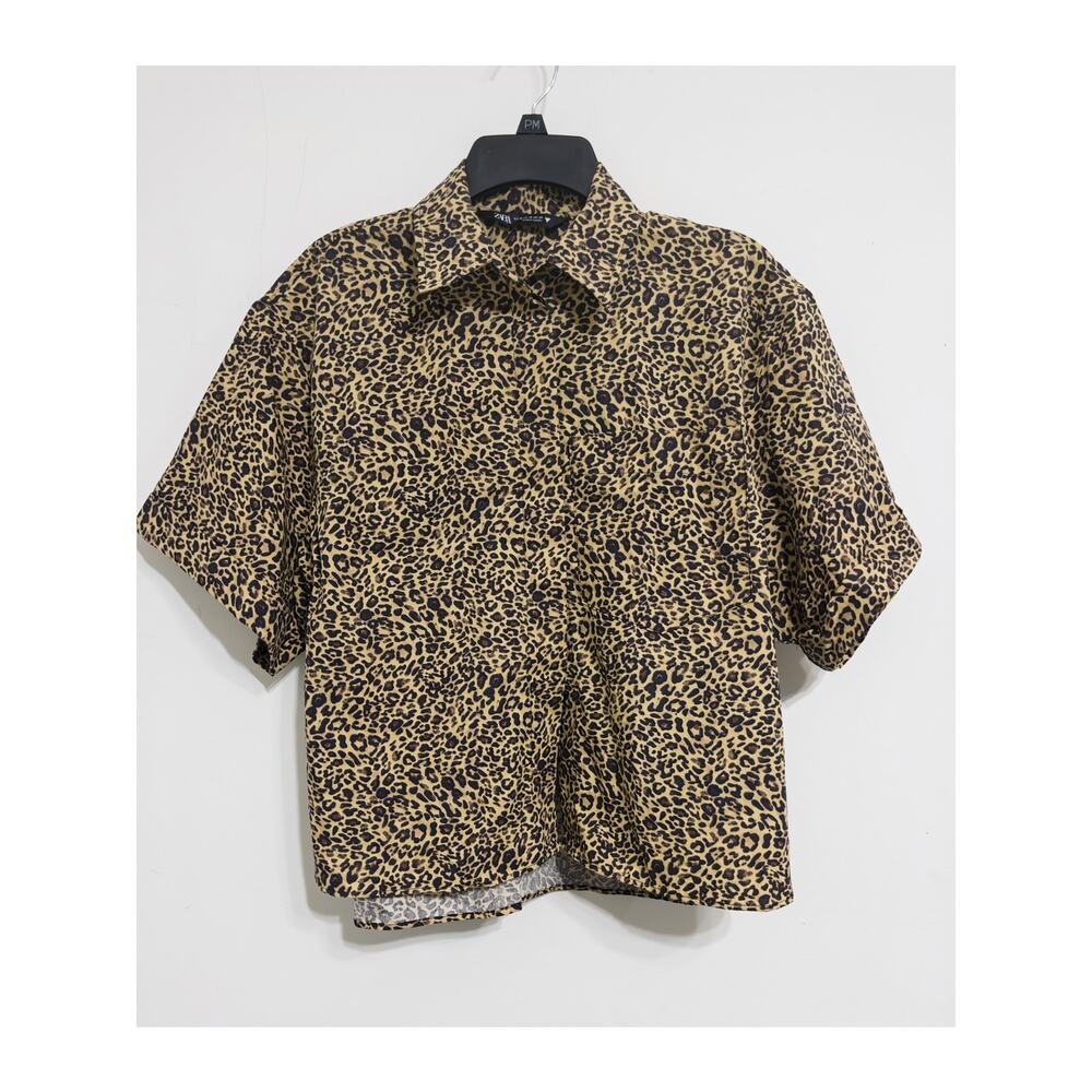 Zara‎ Leopard Print Button-Up Shirt women’s Safari Chic Top sz XS